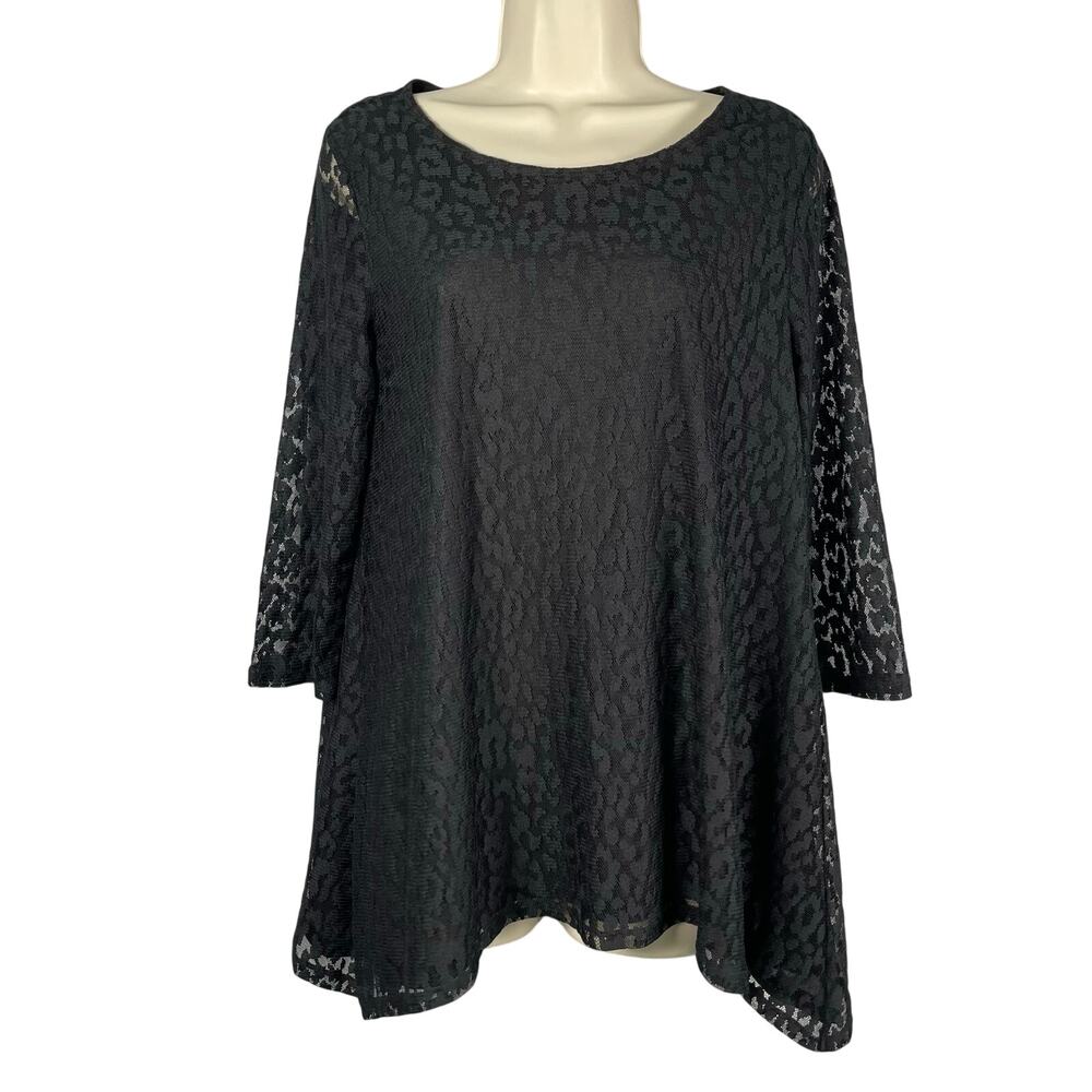 Chico's Top 0 Leopard Lace Shark-bite Hem Sheer Sleeves Whimsigoth Dark Romantic